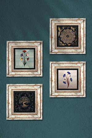 Ebru Sanatı, Sri Yantra, Hayat Ağacı Taş Duvar Tablosu Çerçeveli Duvar Dekoru 4 Parça Tablo Seti Wall Art