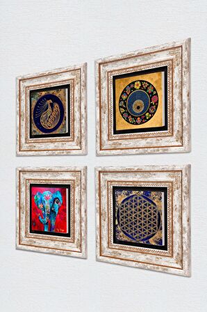 Fil, Tavus Kuşu, Yaşam Çiçeği, Nazar Taş Duvar Tablosu Çerçeveli Duvar Dekoru 4 Parça Tablo Seti Wall Art