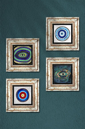 Nazar Taş Duvar Tablosu Çerçeveli Duvar Dekoru 4 Parça Tablo Seti Wall Art