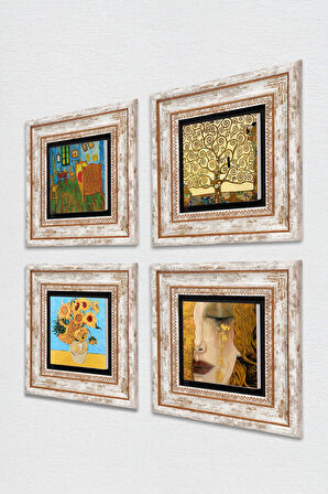 Van Gogh, Gustav Klimt Taş Duvar Tablosu Çerçeveli Duvar Dekoru 4 Parça Tablo Seti Wall Art