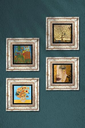 Van Gogh, Gustav Klimt Taş Duvar Tablosu Çerçeveli Duvar Dekoru 4 Parça Tablo Seti Wall Art