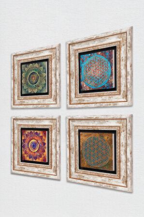 Mandala, Yaşam Çiçeği Taş Duvar Tablosu Çerçeveli Duvar Dekoru 4 Parça Tablo Seti Wall Art