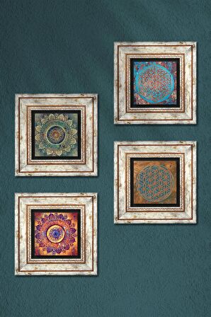 Mandala, Yaşam Çiçeği Taş Duvar Tablosu Çerçeveli Duvar Dekoru 4 Parça Tablo Seti Wall Art