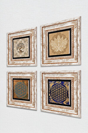 Lotus Çiçeği, Yaşam Çiçeği, Hayat Ağacı Taş Duvar Tablosu Çerçeveli Duvar Dekoru 4 Parça Tablo Seti Wall Art