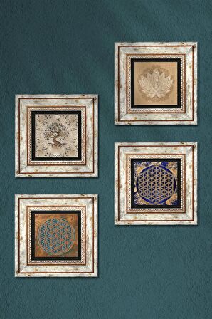 Lotus Çiçeği, Yaşam Çiçeği, Hayat Ağacı Taş Duvar Tablosu Çerçeveli Duvar Dekoru 4 Parça Tablo Seti Wall Art