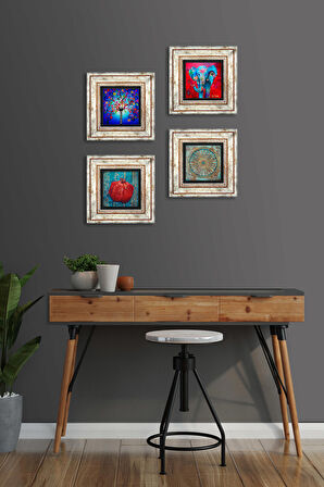 Fil, Yaşam Çiçeği, Hayat Ağacı, Nar Taş Duvar Tablosu Çerçeveli Duvar Dekoru 4 Parça Tablo Seti Wall Art