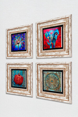 Fil, Yaşam Çiçeği, Hayat Ağacı, Nar Taş Duvar Tablosu Çerçeveli Duvar Dekoru 4 Parça Tablo Seti Wall Art