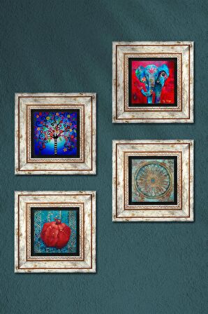 Fil, Yaşam Çiçeği, Hayat Ağacı, Nar Taş Duvar Tablosu Çerçeveli Duvar Dekoru 4 Parça Tablo Seti Wall Art