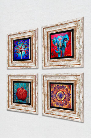 Mandala, Fil, Hayat Ağacı, Nar Taş Duvar Tablosu Çerçeveli Duvar Dekoru 4 Parça Tablo Seti Wall Art