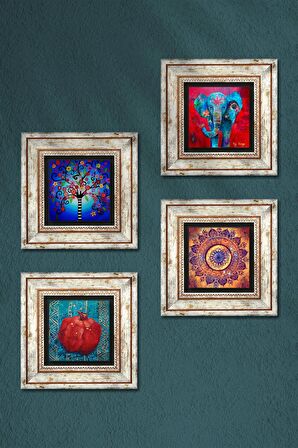 Mandala, Fil, Hayat Ağacı, Nar Taş Duvar Tablosu Çerçeveli Duvar Dekoru 4 Parça Tablo Seti Wall Art