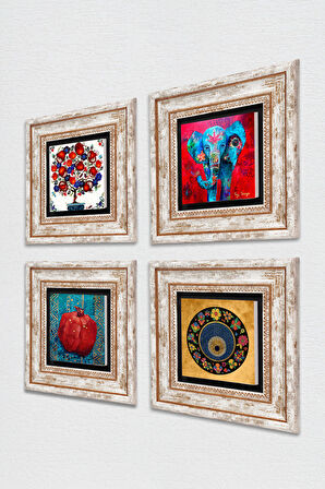 Fil, Nazar, Nar Ağacı, Nar Taş Duvar Tablosu Çerçeveli Duvar Dekoru 4 Parça Tablo Seti Wall Art