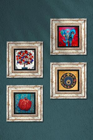 Fil, Nazar, Nar Ağacı, Nar Taş Duvar Tablosu Çerçeveli Duvar Dekoru 4 Parça Tablo Seti Wall Art