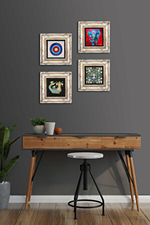 Nazar, Hayat Ağacı, Fil, Şahmeran Taş Duvar Tablosu Çerçeveli Duvar Dekoru 4 Parça Tablo Seti Wall Art
