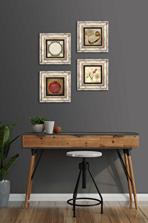 Lale, Vav, Hilye-i Şerif, Bereket Duası Taş Duvar Tablosu Çerçeveli Duvar Dekoru 4 Parça Tablo Seti Wall Art