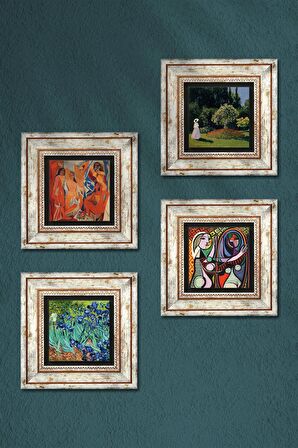 Picasso, Claude Monet, Van Gogh Taş Duvar Tablosu Çerçeveli Duvar Dekoru 4 Parça Tablo Seti Wall Art
