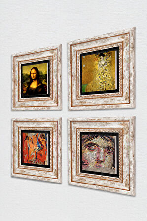 Picasso, Gustav Klimt, Leonardo da Vinci, Çingene Kızı Taş Duvar Tablosu Çerçeveli Duvar Dekoru 4 Parça Tablo Seti Wall Art