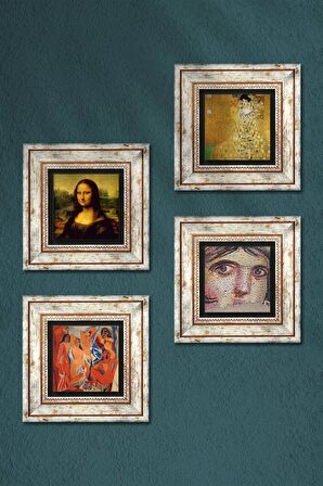 Picasso, Gustav Klimt, Leonardo da Vinci, Çingene Kızı Taş Duvar Tablosu Çerçeveli Duvar Dekoru 4 Parça Tablo Seti Wall Art