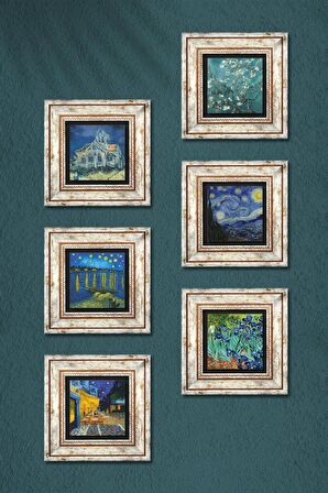 Van Gogh Taş Duvar Tablosu Çerçeveli Duvar Dekoru 6 Parça Tablo Seti Wall Art