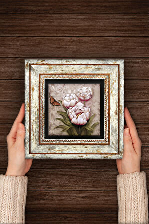 Kelebekli Çiçek Taş Duvar Tablosu Çerçeveli Duvar Dekoru Wall Art