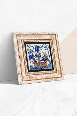 Çini Sanatı Yelkenli Gemi Taş Duvar Tablosu Çerçeveli Duvar Dekoru Wall Art