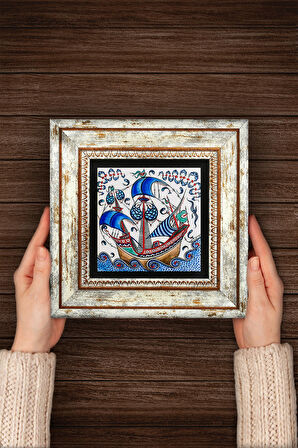 Çini Sanatı Yelkenli Gemi Taş Duvar Tablosu Çerçeveli Duvar Dekoru Wall Art