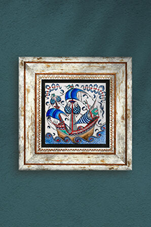 Çini Sanatı Yelkenli Gemi Taş Duvar Tablosu Çerçeveli Duvar Dekoru Wall Art