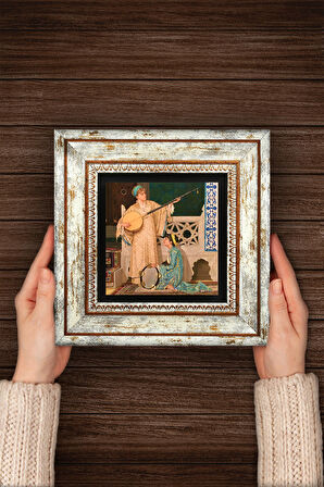 İki Müzisyen Kız Tablosu Taş Duvar Tablosu Çerçeveli Duvar Dekoru Wall Art