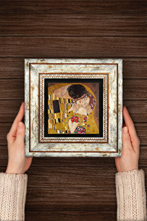 Gustav Klimt Öpücük Taş Duvar Tablosu Çerçeveli Duvar Dekoru Wall Art