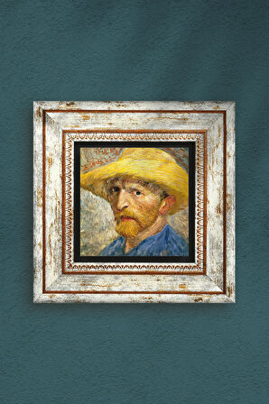 Van Gogh Hasır Şapkalı Otoportre Taş Duvar Tablosu Çerçeveli Duvar Dekoru Wall Art