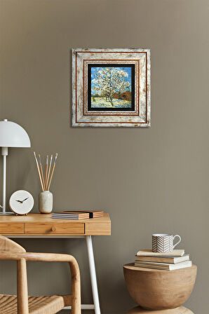 Van Gogh Çiçeklenen Pembe Şeftali Ağacı Taş Duvar Tablosu Çerçeveli Duvar Dekoru Wall Art