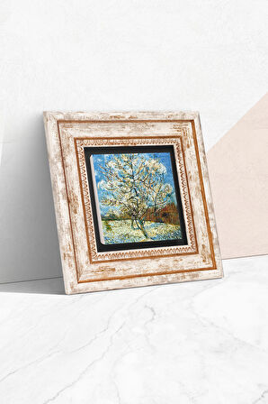 Van Gogh Çiçeklenen Pembe Şeftali Ağacı Taş Duvar Tablosu Çerçeveli Duvar Dekoru Wall Art