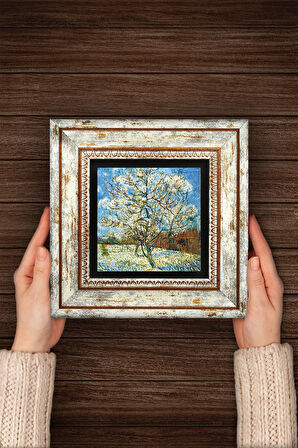 Van Gogh Çiçeklenen Pembe Şeftali Ağacı Taş Duvar Tablosu Çerçeveli Duvar Dekoru Wall Art