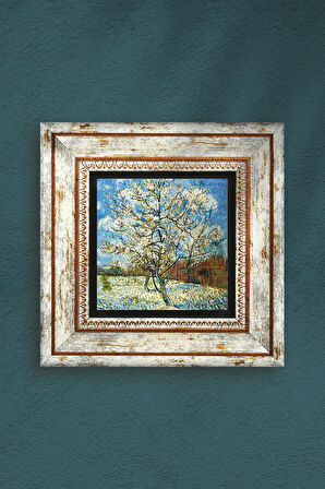 Van Gogh Çiçeklenen Pembe Şeftali Ağacı Taş Duvar Tablosu Çerçeveli Duvar Dekoru Wall Art