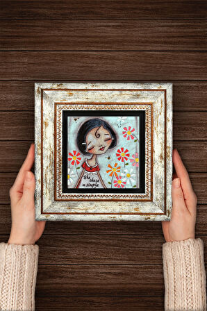 Mutlu Kız Taş Duvar Tablosu Çerçeveli Duvar Dekoru Wall Art
