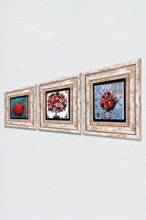 Nar Ağacı, Nar Taş Duvar Tablosu Çerçeveli Duvar Dekoru 3 Parça Tablo Seti Wall Art