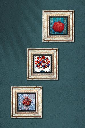 Nar Ağacı, Nar Taş Duvar Tablosu Çerçeveli Duvar Dekoru 3 Parça Tablo Seti Wall Art