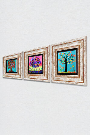 Karla Gerard Hayat Ağacı Taş Duvar Tablosu Çerçeveli Duvar Dekoru 3 Parça Tablo Seti Wall Art