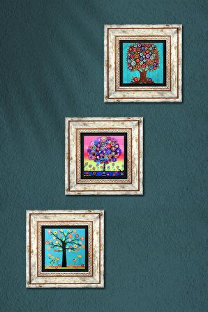 Karla Gerard Hayat Ağacı Taş Duvar Tablosu Çerçeveli Duvar Dekoru 3 Parça Tablo Seti Wall Art