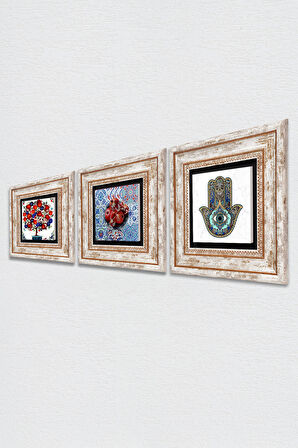 Nar, Nar Ağacı, Fatma Ana Eli (Hamsa) Taş Duvar Tablosu Çerçeveli Duvar Dekoru 3 Parça Tablo Seti Wall Art