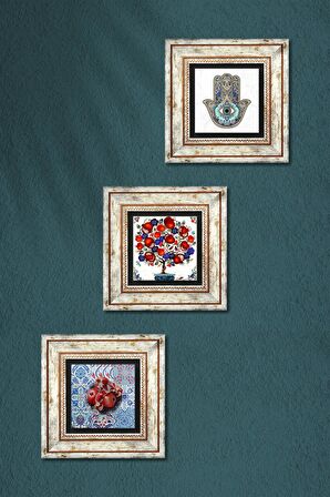Nar, Nar Ağacı, Fatma Ana Eli (Hamsa) Taş Duvar Tablosu Çerçeveli Duvar Dekoru 3 Parça Tablo Seti Wall Art