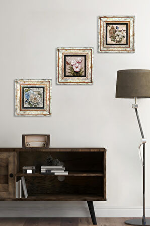 Kelebekli Çiçek Taş Duvar Tablosu Çerçeveli Duvar Dekoru 3 Parça Tablo Seti Wall Art