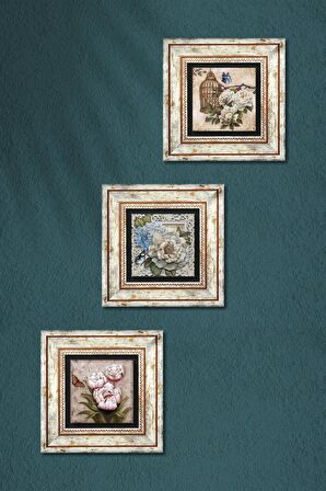 Kelebekli Çiçek Taş Duvar Tablosu Çerçeveli Duvar Dekoru 3 Parça Tablo Seti Wall Art