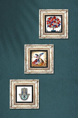 Semazen, Nar Ağacı, Fatma Ana Eli (Hamsa) Taş Duvar Tablosu Çerçeveli Duvar Dekoru 3 Parça Tablo Seti Wall Art