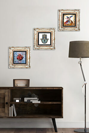 Semazen, Nar, Fatma Ana Eli (Hamsa) Taş Duvar Tablosu Çerçeveli Duvar Dekoru 3 Parça Tablo Seti Wall Art