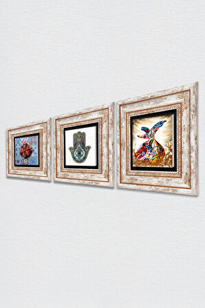Semazen, Nar, Fatma Ana Eli (Hamsa) Taş Duvar Tablosu Çerçeveli Duvar Dekoru 3 Parça Tablo Seti Wall Art