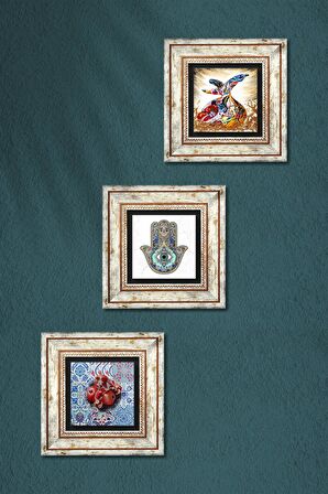 Semazen, Nar, Fatma Ana Eli (Hamsa) Taş Duvar Tablosu Çerçeveli Duvar Dekoru 3 Parça Tablo Seti Wall Art