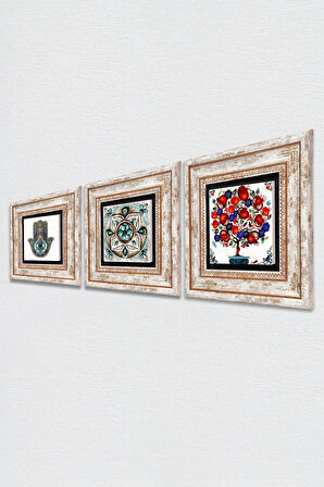 Çini Sanatı, Nar Ağacı, Fatma Ana Eli (Hamsa) Taş Duvar Tablosu Çerçeveli Duvar Dekoru 3 Parça Tablo Seti Wall Art