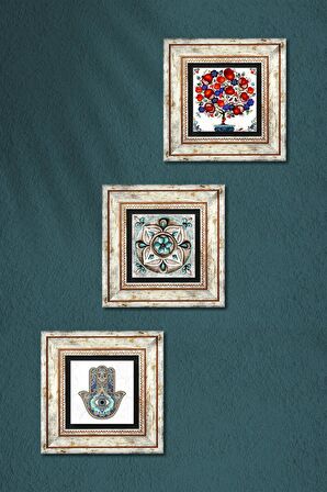 Çini Sanatı, Nar Ağacı, Fatma Ana Eli (Hamsa) Taş Duvar Tablosu Çerçeveli Duvar Dekoru 3 Parça Tablo Seti Wall Art