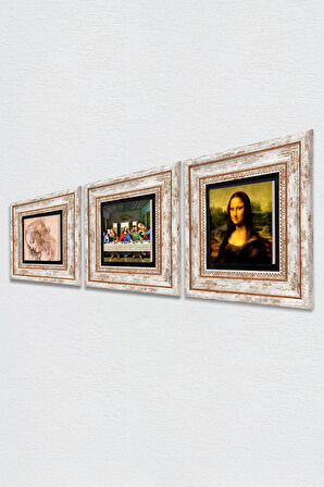Leonardo da Vinci Taş Duvar Tablosu Çerçeveli Duvar Dekoru 3 Parça Tablo Seti Wall Art
