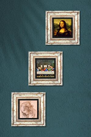 Leonardo da Vinci Taş Duvar Tablosu Çerçeveli Duvar Dekoru 3 Parça Tablo Seti Wall Art